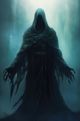 Hooded skeletal figure stand in dark catacomb. Eerie atmosphere of death and mystery.