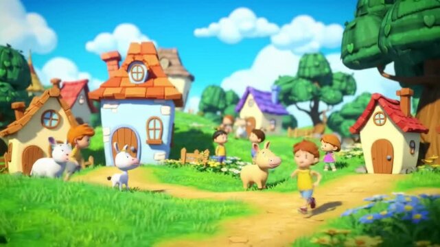Pastel cartoon village with rolling hills, colorful houses, animals grazing, clouds moving, children playing in distance, parallax animation