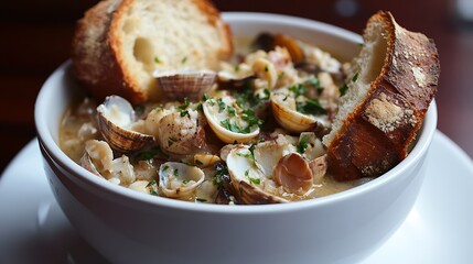 A bowl of clam chowder with bread bowl 