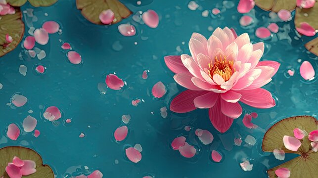 Pink flower in pond with floating petals, peaceful water garden scene for spa, nature or floral beauty illustration