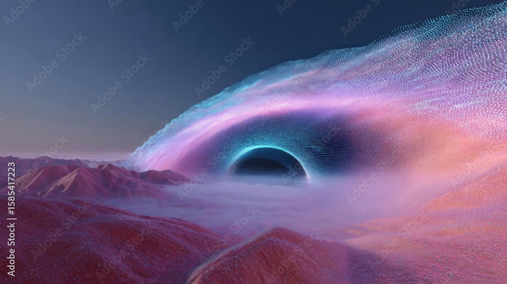 Poster digital art piece that appears to be a futuristic landscape with a tunnel-like structure in the cent