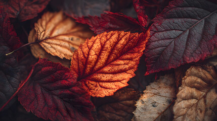 closeup of vibrant autumn leaves in rich red and orange tones with dry textures and moody lighting