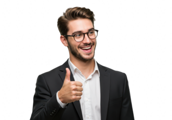A cheerful businessman in a suit gives a thumbs up, isolated on transparent background