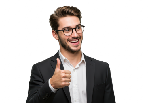 A cheerful businessman in a suit gives a thumbs up, isolated on transparent background