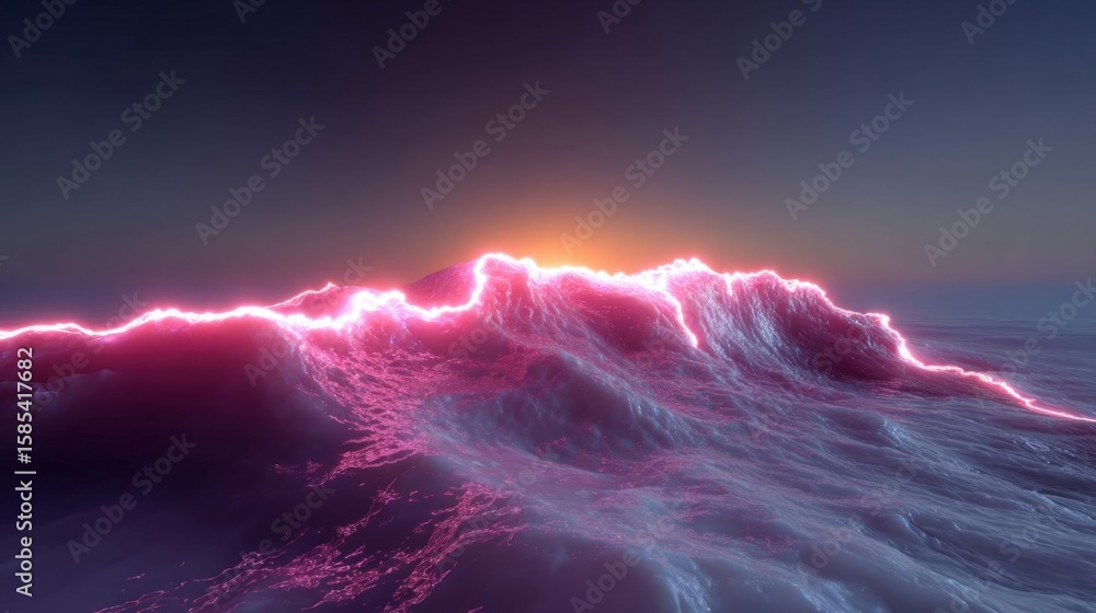 Poster 3d rendering of a large wave in the ocean. the wave is in the center of the image, with the ocean su