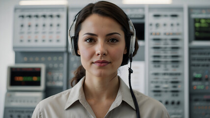 A woman with headphones is working as a system operator in a high-tech control room with complex equipment and displays.