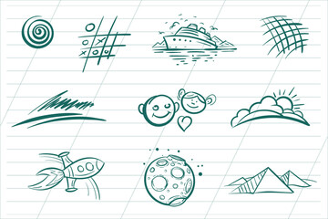 Set of strokes and doodles on various topics.