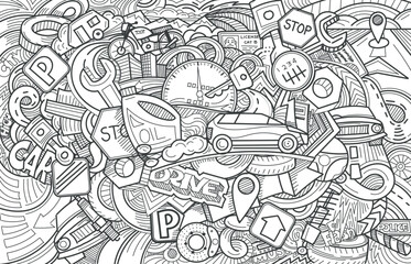 Abstract hand drawn doodle background on the theme of Transport and roads.