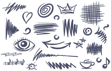 Set of hand drawn doodles and strokes on an abstract theme.
