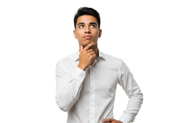 A young businessman is thinking with his hand on his chin, isolated on transparent background