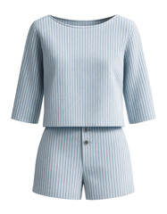 Fototapeta premium Striped seersucker pajama set with boat neck top and tailored shorts