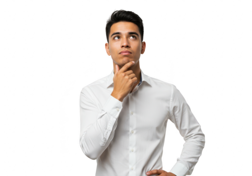 A young businessman is thinking with his hand on his chin, isolated on transparent background