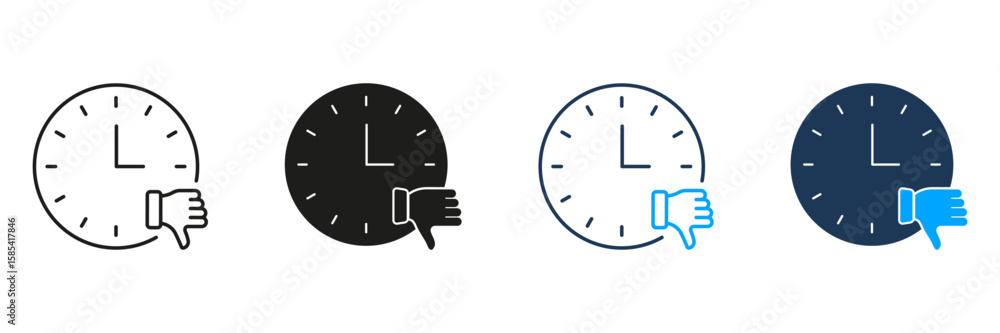 Poster clock with thumbs down line and solid icon set. negative time management and disapproval symbol coll