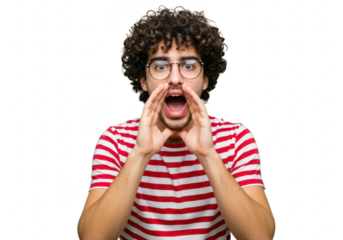A young man with curly hair is shouting with his hands around his mouth, isolated on transparent background