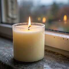 Candlelight Serenity A Glowing Candle by the Window Creates a Warm and Inviting Atmosphere on a Rainy Day
