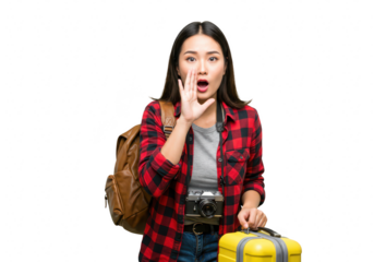 A young asian woman with a backpack and suitcase is shouting while traveling isolated on transparent background