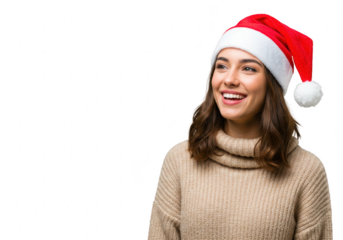 A smiling woman wearing a santa hat and sweater is looking away isolated on transparent background