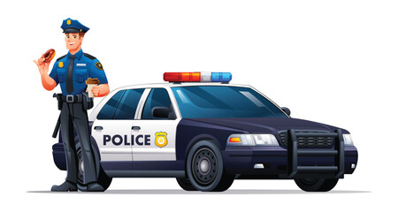 Police officer in uniform standing next to a patrol car holding a donut and coffee. Vector cartoon illustration © YG Studio