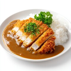 Delicious Japanese Chicken Katsu Curry served with Steamed Rice and Fresh Parsley Garnish on White Plate in Close-up View