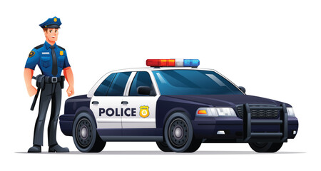 Police officer in uniform standing next to a patrol car. Vector cartoon illustration © YG Studio