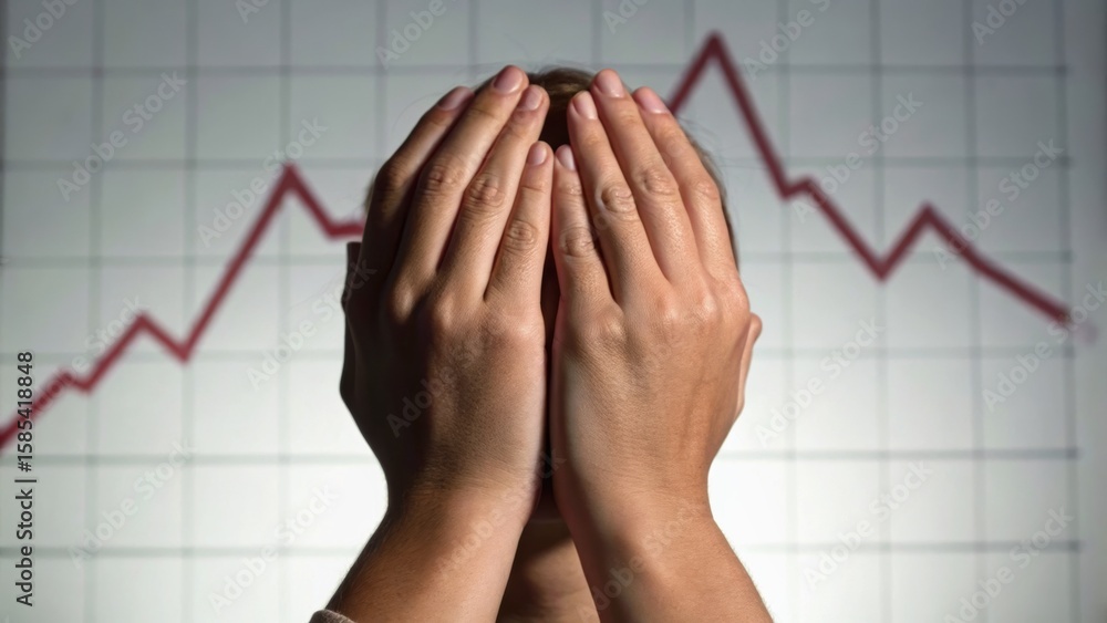 Poster a person covering their face with hands in front of a declining graph, symbolizing stress and frustr