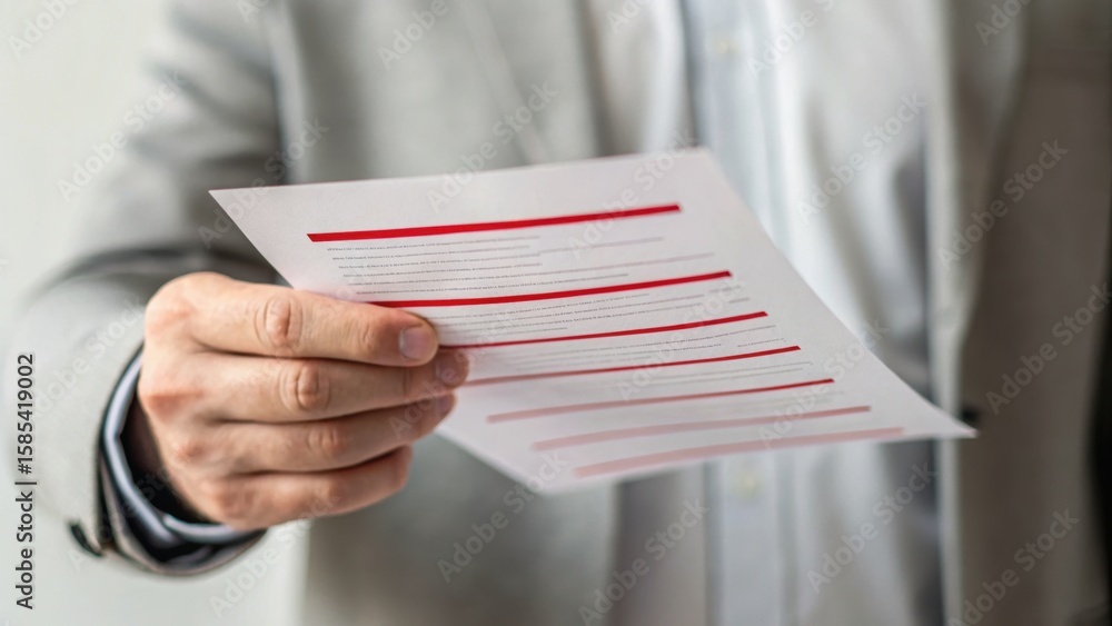 Poster a person in a suit holds a document with text and red lines, suggesting a professional or business c