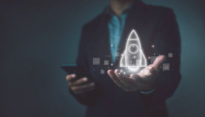 Startup rocket, innovative ideas, business creativity, marketing, entrepreneurial investment. Plan on the concept of communication to develop a successful project. thrive professionally	
