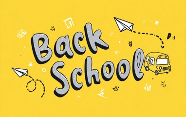Back to school is a yellow sign with a bus and a bunch of other things