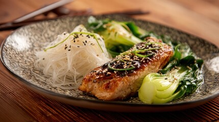 Asian-style fish steak with soy glaze, rice noodles and bok choy,