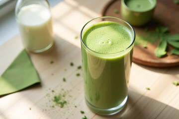 High-angle photorealistic view of glass with matcha maca smoothie on light wooden table, almond milk bottle and green napkin nearby, soft natural light, clean healthy lifestyle concept