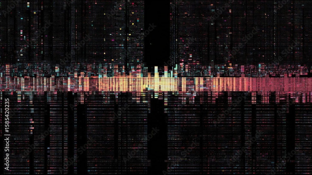 Poster digital art piece that appears to be a representation of a city skyline. the background is black, an