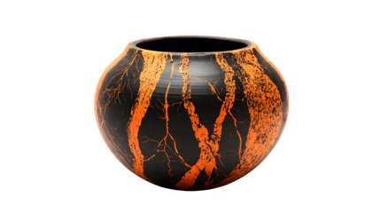 Elegant black vase with orange crackle pattern, a striking decorative pottery piece isolated on transparent background