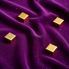 Photo of four golden cubes are arranged on a luxurious, sparkling purple fabric