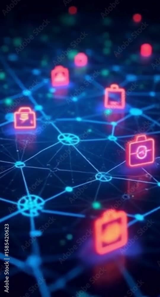 Poster digital business network with glowing briefcase icons and connected nodes on a dark blue background