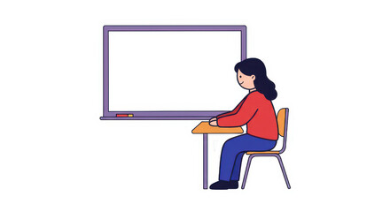 Cute Cartoon Student Learning at Desk with Whiteboard
