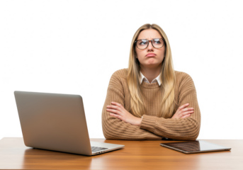 A bored woman with glasses is sitting at a desk with a laptop and tablet, isolated on transparent background