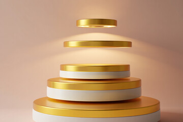 Photo of a tiered display of golden and white circular platforms with a golden light emanating from above