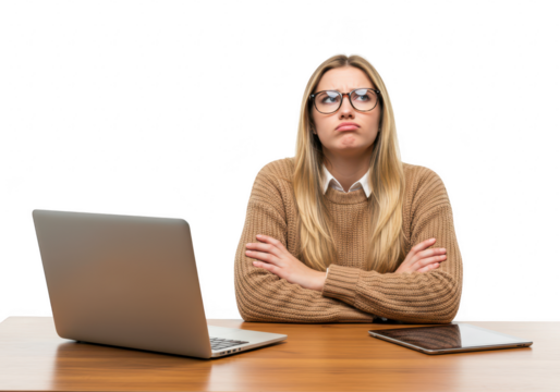 A bored woman with glasses is sitting at a desk with a laptop and tablet, isolated on transparent background