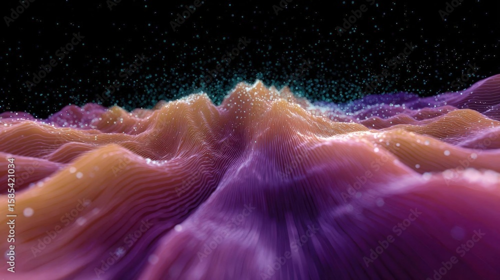Poster abstract digital art piece that appears to be a 3d rendering of a mountain landscape. the background