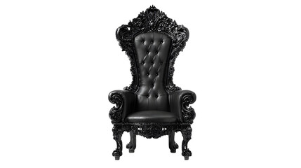 Elegant black throne chair with ornate carvings stands out in a regal and luxurious style isolated on transparent background