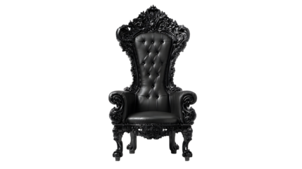 Elegant black throne chair with ornate carvings stands out in a regal and luxurious style isolated on transparent background