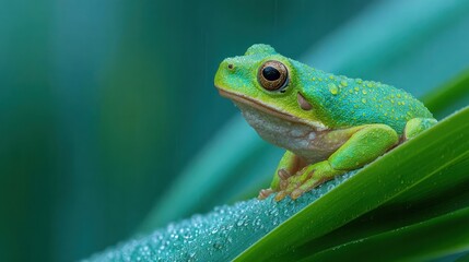 Fototapeta premium A vibrant tree frog rests on a tropical leaf, embodying nature's delicate beauty.