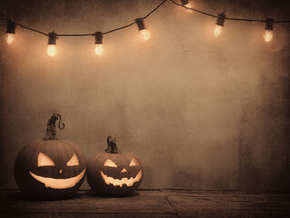 Two glowing jack o lanterns on wooden planks under string lights