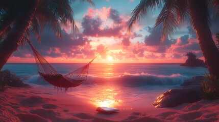 A tranquil Lofi beach scene with a hammock tied between palm trees, a book resting on the sand, and waves gently crashing under a pastel sunset,