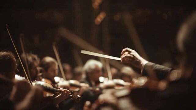 Harmony Unleashed: A conductor leads an orchestra in a symphony of sound, their movements shaping the music as the musicians play in perfect unison. A powerful performance in a beautiful hall.