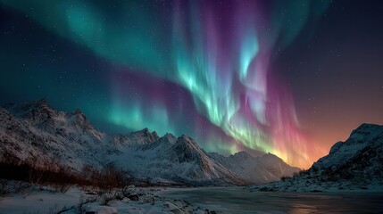 Naklejka premium Celestial aurora borealis dancing in cold night sky above serene snow-covered landscape