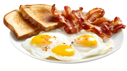 Delicious breakfast plate featuring crispy bacon, sunny side up eggs, and golden toast isolated on transparent background
