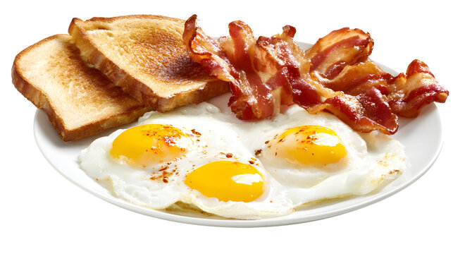 Delicious breakfast plate featuring crispy bacon, sunny side up eggs, and golden toast isolated on transparent background