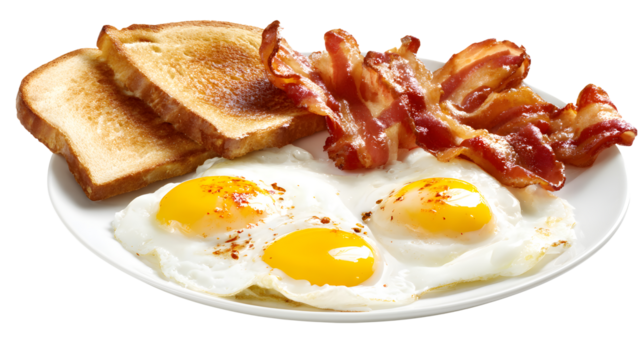 Delicious breakfast plate featuring crispy bacon, sunny side up eggs, and golden toast isolated on transparent background