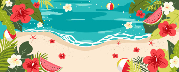 tropical summer beach banner with hibiscus flowers, watermelon slices, palm leaves, and sea waves. Perfect for summer sales, travel promotions, or seasonal backgrounds